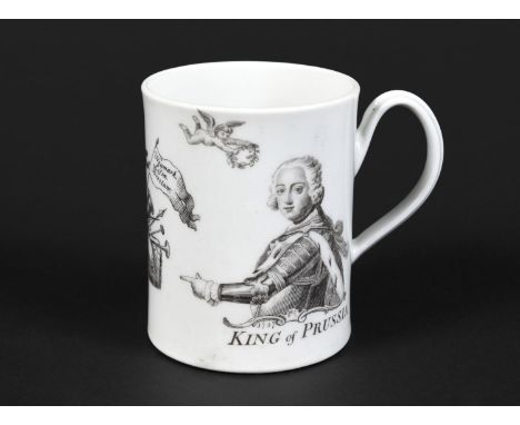 EARLY WORCESTER PORCELAIN MUG - KING OF PRUSSIA circa 1760, a monochrome transfer printed mug with a portrait of the King of 