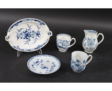 18THC WORCESTER BLUE &amp; WHITE PORCELAIN including a butter tub stand, painted with floral sprays and applied flowers and w