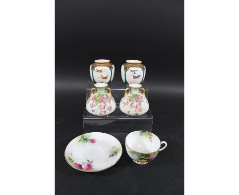 PAIR OF ROYAL WORCESTER VASES - HADLEY a small pair of squat vases, each painted with panels of birds and green borders and b