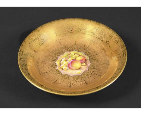 ROYAL WORCESTER SIGNED DISH - S DARE a petal shaped central panel painted with fruit and foliage, and with a richly gilded su