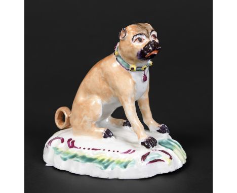 EARLY DERBY PORCELAIN PUG DOG an early 19thc porcelain model of a Pug Dog, the dog seated with head slightly turned and on a 
