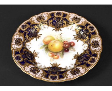 ROYAL WORCESTER SIGNED CABINET PLATE - RICHARD SEBRIGHT painted to the centre with fruit and leaves, with a pink, blue and gi