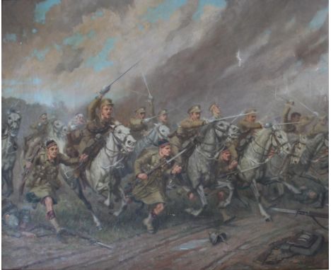 •CONRAD HEIGHTON LEIGH (1883-1958) CHARGE OF SCOTS GREYS AND HIGHLANDERS AT ST. QUENTIN Signed, inscribed with title on the s