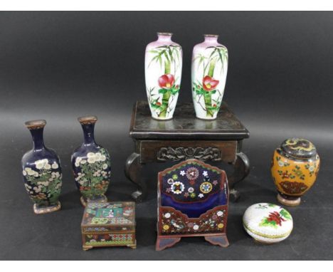 PAIR OF CLOISONNE VASES a pair of Ginbari enamel cloisonne vases, each with bamboo trees and flowers on a purple and white gr