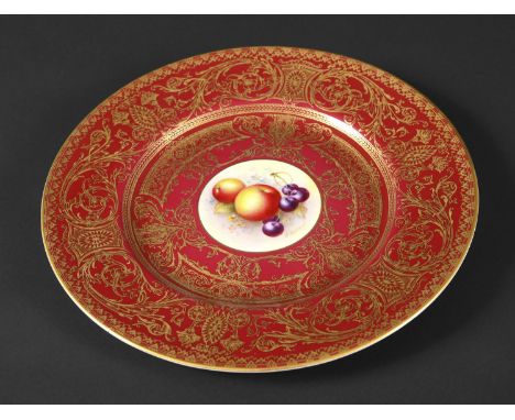 ROYAL WORCESTER SIGNED CABINET PLATE - E TOWNSEND the central panel painted with fruit and foliage, surrounded by a red and r