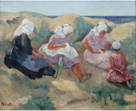 •NORA PATRICIA CURTIS (1891-1953) A BRETON PICNIC Signed, oil on canvas 33 x 41cm. ++ Needs a light clean 
