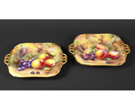 PAIR OF ROYAL WORCESTER SIGNED DISHES - H PRICE each painted with fruit and foliage, and with pierced gilded handles and rim.