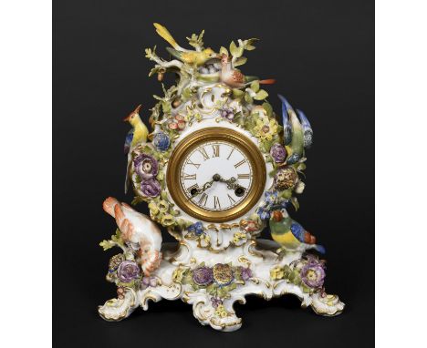 LARGE MEISSEN CLOCK - BIRDS 20thc, the enamel dial with gilt numerals and striking on a bell, the elaborate case with various