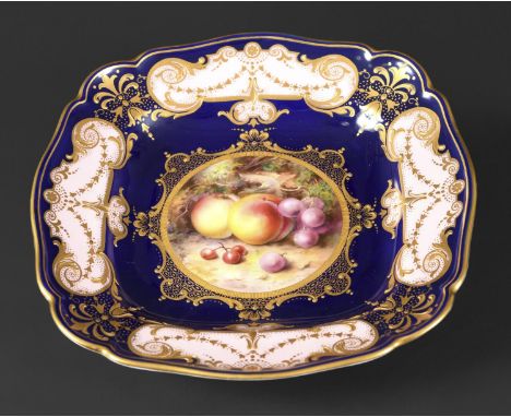 ROYAL WORCESTER SIGNED DISH - RICHARD SEBRIGHT a dessert dish of square lobbed form, painted with a central circular panel of
