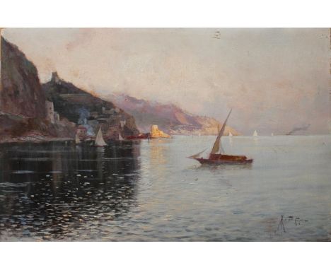 OSCAR RICCIARDI (1864-1935) QUIET MOORINGS, NEAPOLITAN COAST Signed and inscribed Napoli, oil on panel, unframed 26 x 40cm. +