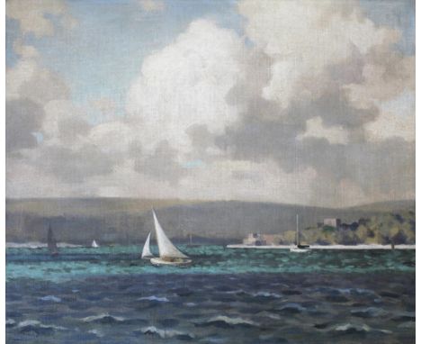 •FRANK JAMESON (1899-1968) SAILING OFF BROWNSEA ISLAND, POOLE HARBOUR Signed, oil on canvas, unframed 50.5 x 60.5cm.; with tw