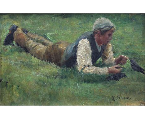 ROBERT STARK (1853-1931) THE LITTLE VISITOR Signed, oil on board 15.5 x 23.5cm. ++ Needs a light clean