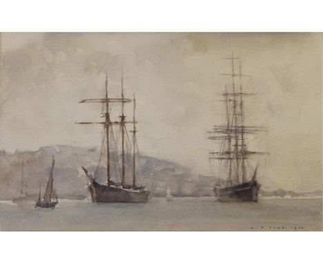 HENRY SCOTT TUKE, RA, RWS (1858-1929) WINDJAMMERS LYING IN THE CARRICK ROADS, FALMOUTH, AWAITING ORDERSSigned and dated 1925,