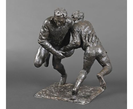 JOHN BONAR DUNLOP ARBS (NEW ZEALAND 1916-1992) - LARGE BRONZE OF RUGBY PLAYERS a large bronze group of two Rugby players in m