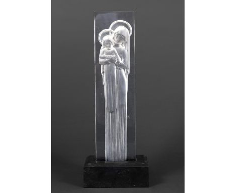 LALIQUE - SCULPTURE OF MADONNA &amp; CHILD a clear and frosted glass sculpture of the Madonna &amp; Child, the block of glass