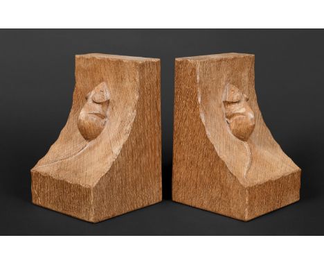 ROBERT THOMPSON OF KILBURN - MOUSEMAN BOOKENDS a pair of oak bookends, each with a carved mouse. 15cms high. (2) 