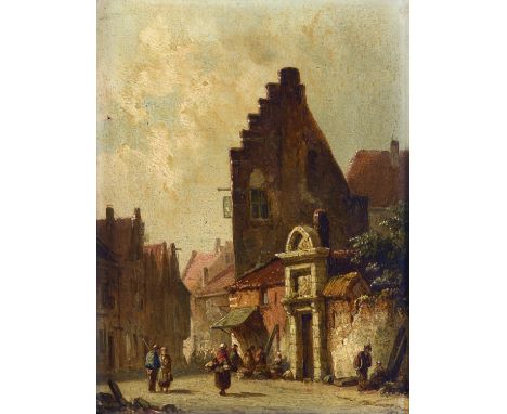ADRIANUS EVERSEN (1818-1897) FIGURES ON A DUTCH STREET Signed and also signed with initials in monogram, oil on panel 18.5 x 