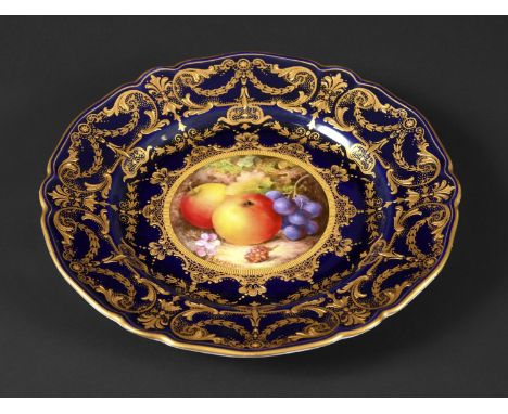 ROYAL WORCESTER SIGNED CABINET PLATE- RICHARD SEBRIGHT the central panel painted with various fruit and foliage, with a cobal
