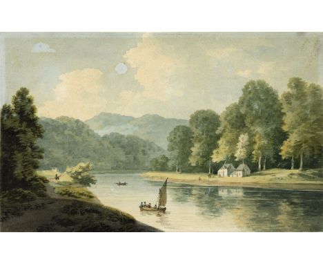 JOHN `WARWICK` SMITH (1749-1831) A SAILING BOAT ON THE WYE BELOW THE NEW WEIR Watercolour 12.7 x 21cm. * The original mount b