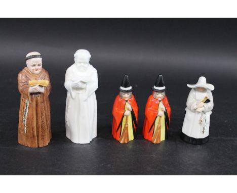 ROYAL WORCESTER CANDLE EXTINGUISHERS including two Monk's (one white and unmarked), a Nun and two Witches. Four with Royal Wo