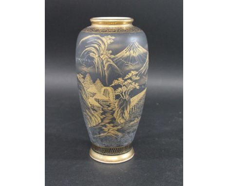 JAPANESE SATSUMA VASE - SHIZAN in the Komai metalwork style, with a gold decorated landscape scene on a black ground. Marked 