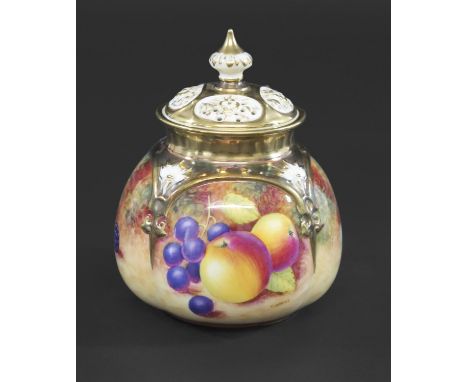 ROYAL WORCESTER POT POURRI - T DAVIES a lidded pot pourri of bulbous form, painted with a variety of fruit and foliage and wi