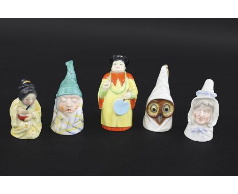 ROYAL WORCESTER CANDLE EXTINGUISHERS 5 various examples including a figure of a Chinaman, a Japanese Geisha Girl, a Gent with