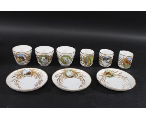 19THC PART TEA &amp; COFFEE SET - ANIMALS possibly by Brown-Westhead &amp; Moore, each item with a small panel painted with a