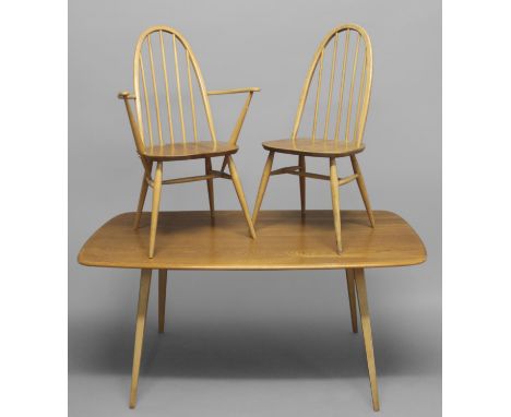 ERCOL DINING TABLE &amp; CHAIRS a light elm and beech dining table with splayed legs (151cms long), also with a set of 6 stic