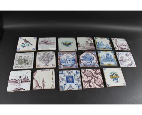 DELFT TILES a mixed group including some manganese examples, including a sheep with her lambs, vase with flowers, some with l