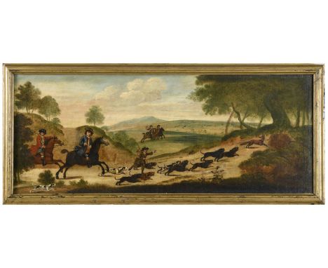 ENGLISH PROVINCIAL SCHOOL, 18th CENTURY FOXHUNTING Oil on canvas 57.5 x 139.5cm. ++ Lined; later stretchers; some light scatt