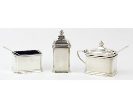 [116.11g] - a Georgian style 3 piece silver cruet set with 2 spoons, all pieces hallmarked for Birmingham 1928 by Adie Brothe