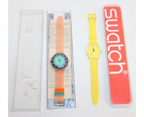 Two retro colourful cased Swatch watches 