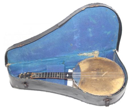 A vintage six string banjo or banjolele in case, seemingly unbranded but quite good quality with nickel plated body, some sig