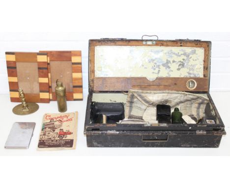 Mix of items in small metal trunk to incl wooden photo frames, binoculars, miniature playing cards, jewellers' blowtorch, woo