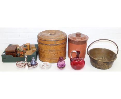An antique toleware painted hat box, a vintage brass jam pan with iron handle and a terracotta bread bin, a selection of vint