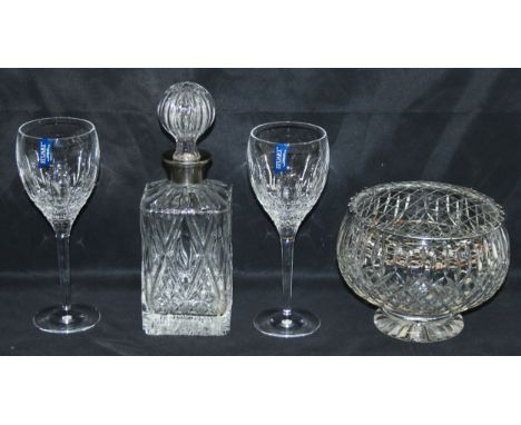Crystal items to incl whisky decanter, large flower/rose bowl and a pair of Stuart crystal wine glasses with original box