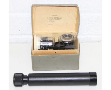 A Soviet made 10x30 monocular or telescope, and a vintage KMZ USSR attachments to amateur Cine Cameras 'Quarz' And 'Quarz-M' 