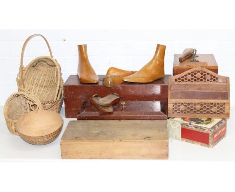 A large qty of mixed woodenware to include shoe lasts, wicker baskets and various sized wooden boxes