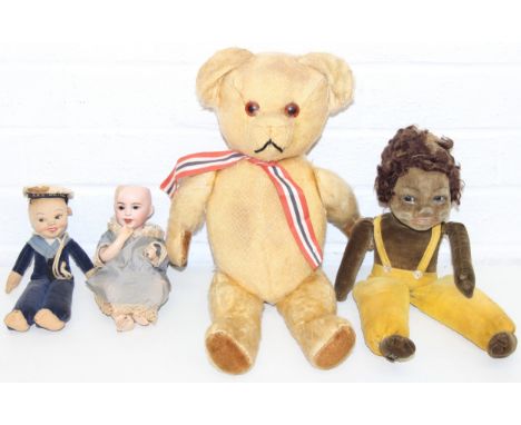 A vintage Société Française de Fabrication de Bébés et Jouets miniture doll with porcelain head, vintage teddy bear, HMS Aret