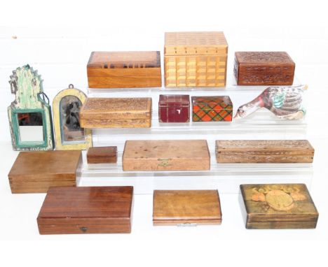 Qty of mixed woodenware to include advertising boxes, cigar boxes and carved wooden trinket boxes