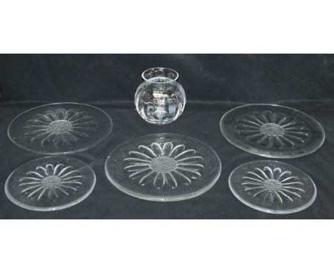 Six pieces of boxed Dartington glass, five platters some with daisy designs and a vase, the largest platter 26cm [6]