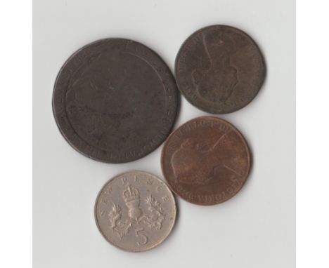 Four interesting coin related curios, an antique cartwheel penny with Lloyds Weekly Newspaper advertising, two Queen Victoria