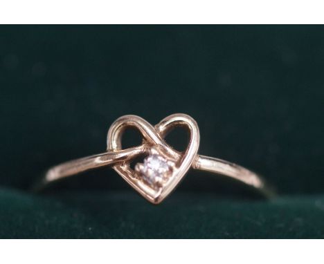 9ct Gold solitaire diamond in heart ring 