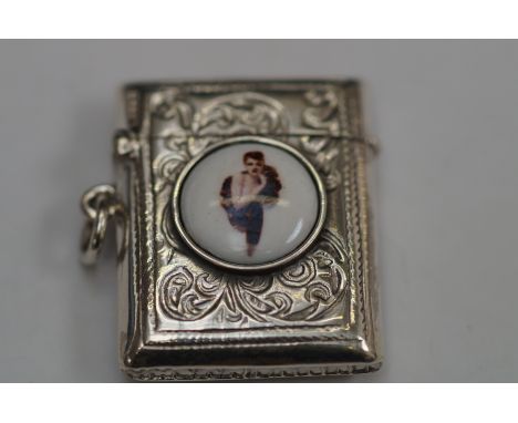 Silver vesta case with painted enamel 