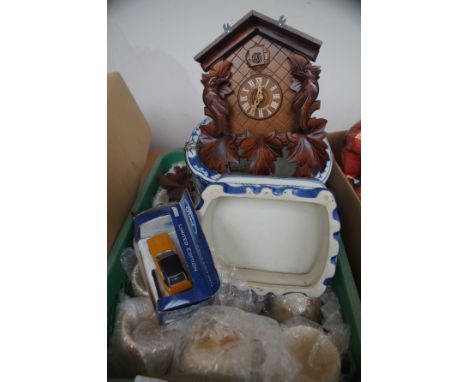 Unsorted mixed box to include a tea set, blue &amp; white pottery &amp; cuckoo clock 
