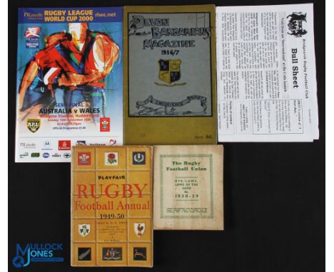 Small Rugby Miscellaneous Lot (5): RFU Handbook 1938-9, Playfair Annual 1949-50, Devon Barbarians Magazine 1936-7, Bridgwater
