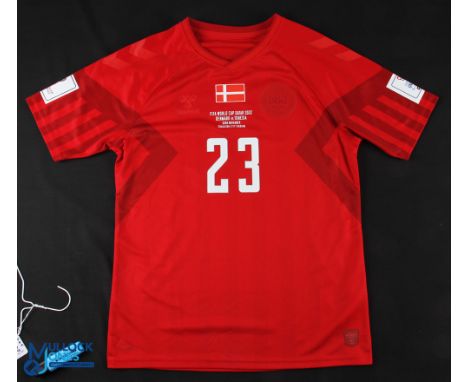 Pierre-Emile Hojberg No 23 Denmark v Tunisia World Cup Qatar 22 11 2022 match issue football shirt - in red, Hummel, FIFA Wor