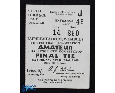 1949 FA Amateur Cup Final Ticket, the 1st final at Wembley 23 April 1949 Bromley v Rainford, south terrace seat; good. (1)