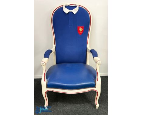 Unique Serge Blanco's signed French Jersey Upholstered Chair: Fantastic item, a large white wooden high backed ornate chair w